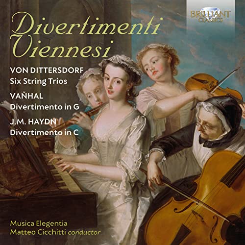 CD cover: 18th-century musicians with instruments, ornate lettering, "Divertimenti Viennesi.