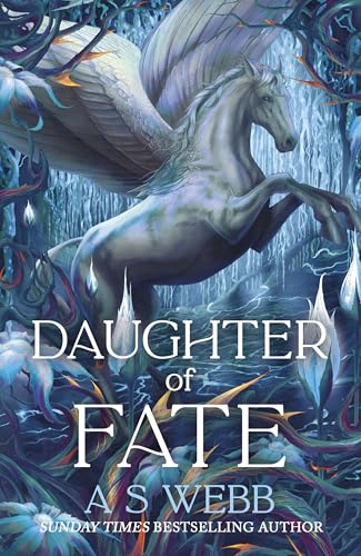 Book cover featuring a rearing, winged horse in a blue, fantastical scene.