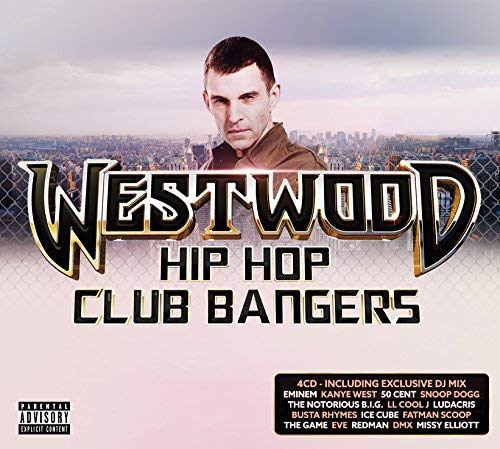 CD cover featuring DJ Westwood with city skyline and text “Hip Hop Club Bangers”.