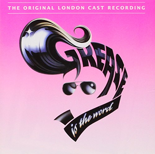 “Grease” CD cover: pink background, black script, sunglasses, and hair.