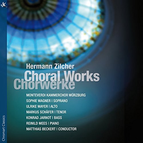 CD cover for Hermann Zilcherâs Choral Works, featuring blue abstract art.