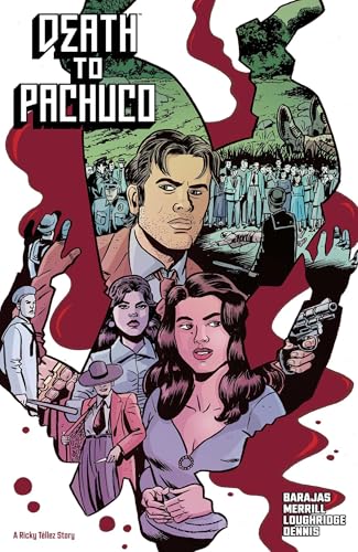 Comic book cover: a man’s face with figures and red splatters behind him.