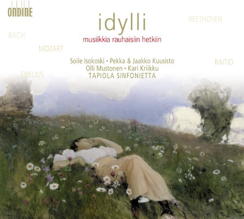 CD cover: woman resting in a field of wildflowers, landscape background.