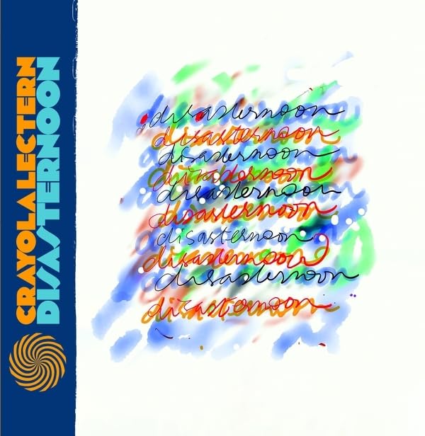 Vinyl album cover with colorful, scribbled text and a blue watercolor wash.