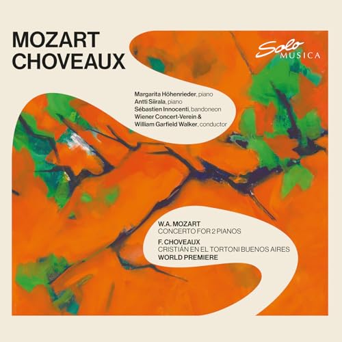 CD cover for Mozart’s Concerto for 2 Pianos, with abstract orange artwork.