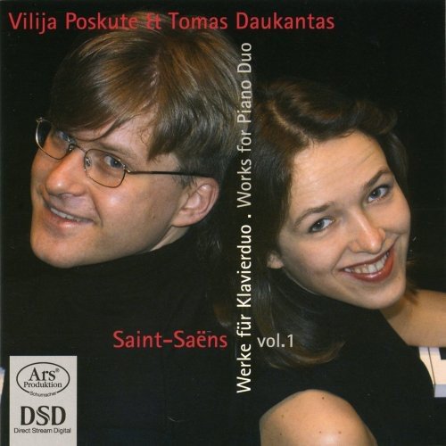 CD cover featuring portraits of two smiling pianists, Vilija Poskute and Tomas Daukantas.