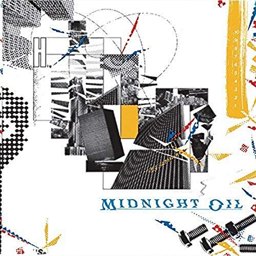 Abstract album cover with geometric shapes, black and white patterns, and MidnightL Midnight Oil text.