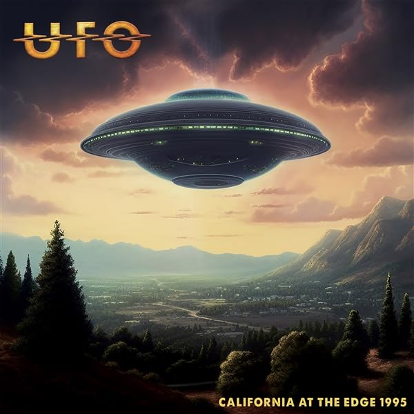 UFO album cover: flying saucer over a California landscape.