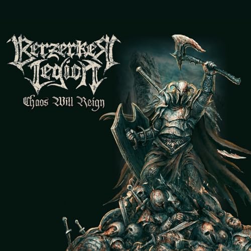 Armored warrior with axe stands atop a pile of skulls and weapons.