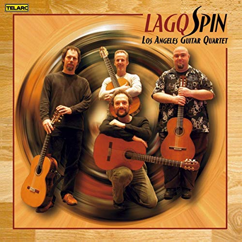 Four musicians with classical guitars in front of a swirling backdrop.