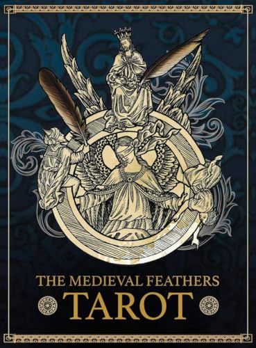 Tarot card back design featuring ornate gold feathers and figures in a circle.