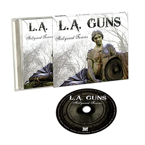 L.A. Guns "Hollywood Forever" CD case, disc, and cover art with a statue.