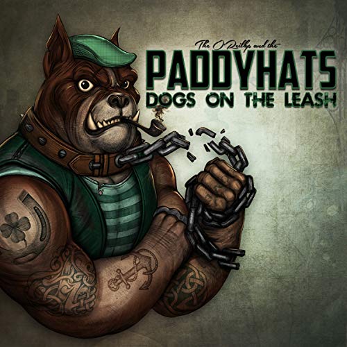 Illustration of a muscular dog with tattoos, breaking chains, wearing a cap.