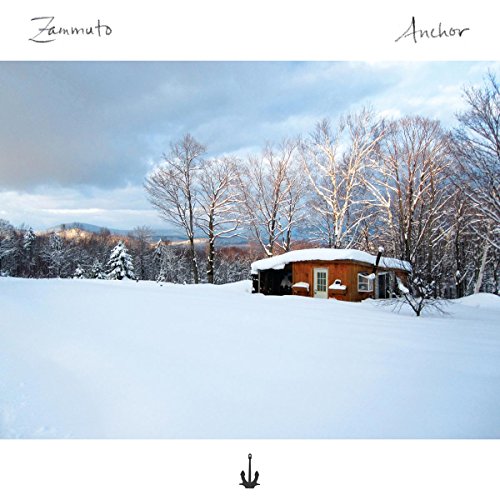 Snowy landscape with a small cabin and bare trees under a cloudy sky.