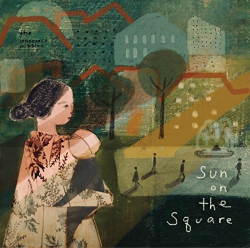 Painted album cover with a woman, buildings, and a sunlit square.