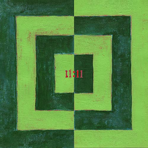 Abstract painting of concentric squares in alternating dark and light green with red 11:11.