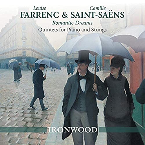 CD cover featuring 19th-century figures with umbrellas, text: Farrenc & Saint-Saëns.