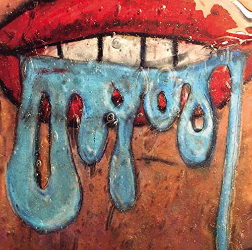 Painted lips with thick, blue drool dripping down, close-up view.