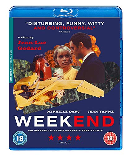 Blu-ray cover for the film Weekend showing a couple, a car wreck, and fire.