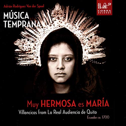CD cover: woman with ornate halo, dark background, Spanish text.