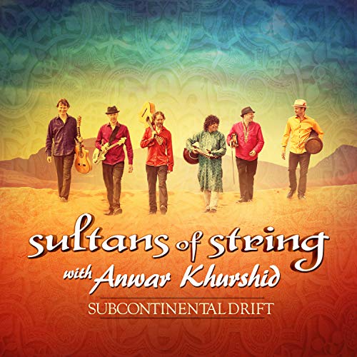 Six musicians with string instruments stand on a sandy landscape.