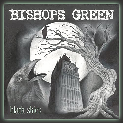 Black and white album cover with ravens, a clock tower, and a moon.