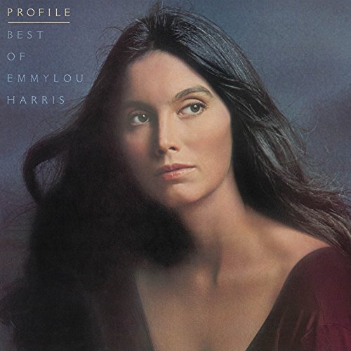 Emmylou Harris portrait album cover, painted style, dark hair, blue eyes.