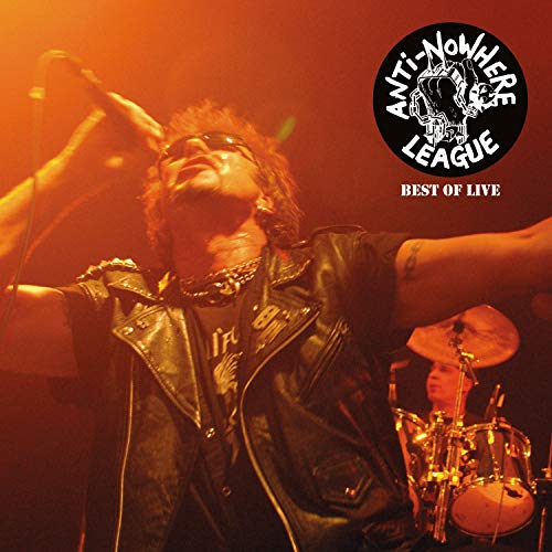 Punk rock singer with raised arms performing live on stage, vinyl record cover.