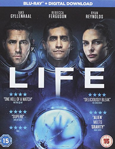 Blu-ray cover for the movie Life featuring three actors in space suits.