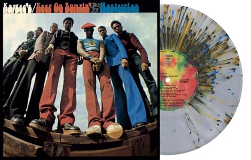 Vinyl record with colorful splatter effect and album cover featuring a group.