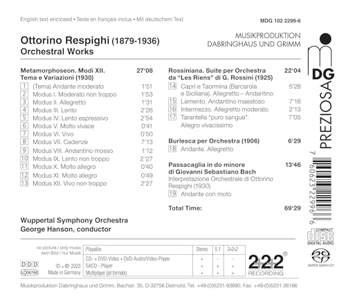 CD case for Respighi's Orchestral Works performed by Wuppertal Symphony Orchestra.