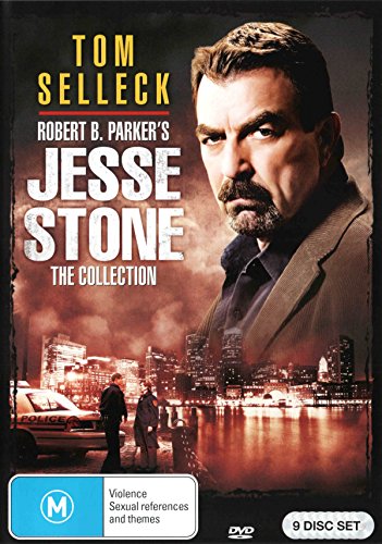 Tom Selleck as Jesse Stone on DVD cover, city background.