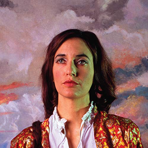 Portrait of Josephine Foster against a cloudy, painted backdrop.