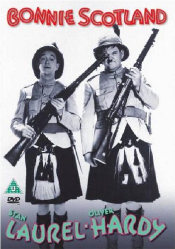 DVD cover for “Bonnie Scotland” featuring Laurel and Hardy in kilts with rifles.