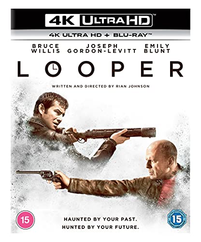 Looper 4K Ultra HD Blu-ray cover featuring Joseph Gordon-Levitt and Bruce Willis with guns.