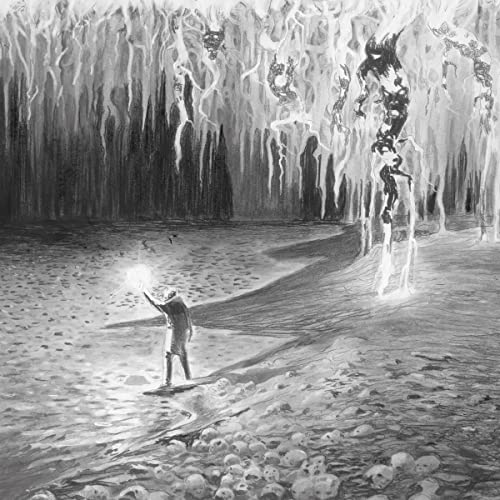 Black and white album cover depicting a figure in a cavern of skulls.