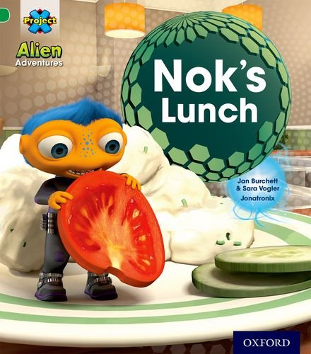 Cartoon alien Nok with a large green sphere and sliced tomato.