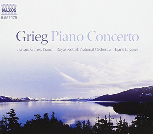 Grieg piano concerto CD cover with a snowy mountain landscape.
