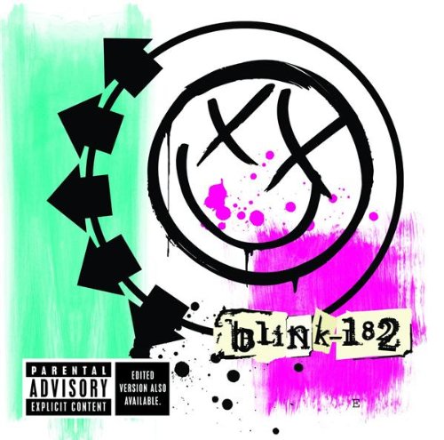 Blink-182 album cover with a smiley face, arrows, and pink/green splashes.