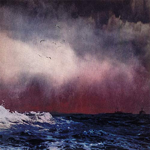 Stormy seascape with dark clouds and birds, album cover art.