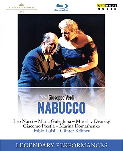 Blu-ray cover for Verdi’s Nabucco opera featuring two singers in costume.