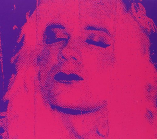 Close-up of a woman’s face in pink and purple halftone effect.