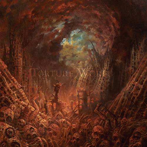 Dark, swirling landscape with skeletal figures and fiery sky.