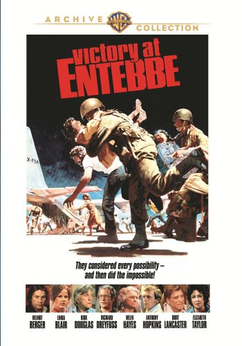 DVD cover for “Victory at Entebbe” depicts soldiers rescuing hostages, with cast photos below.