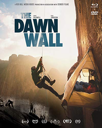 The Dawn Wall" Blu-ray cover featuring a rock climber on a cliff face.