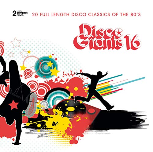 CD cover for “Disco Giants 16” with silhouettes and colorful splashes.