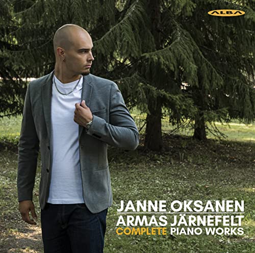 CD cover featuring pianist Janne Oksanen in a grey suit, trees background.