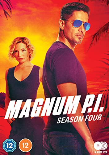 DVD cover for Magnum P.I. Season Four featuring a man and woman against sunset.