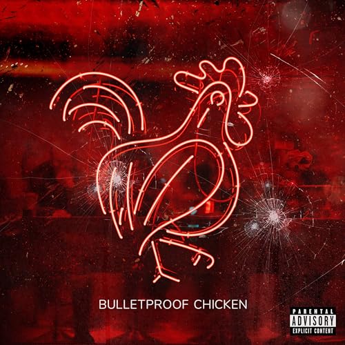 Red album cover featuring a glowing neon-style rooster and text.