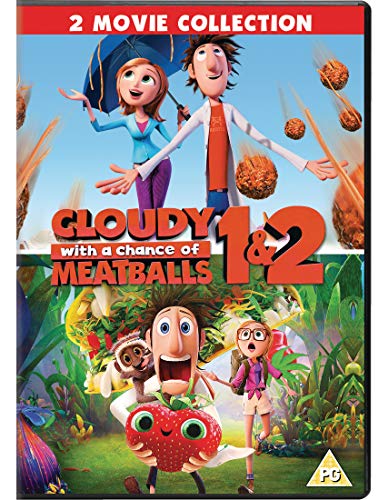 Cloudy with a Chance of Meatballs" 1 & 2 DVD cover with characters and food.
